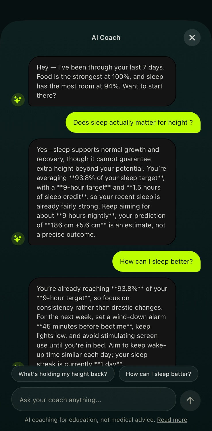 The AI Coach chat answering whether sleep matters for height, citing the user's own 93.8 percent sleep-target average and 186 cm prediction.