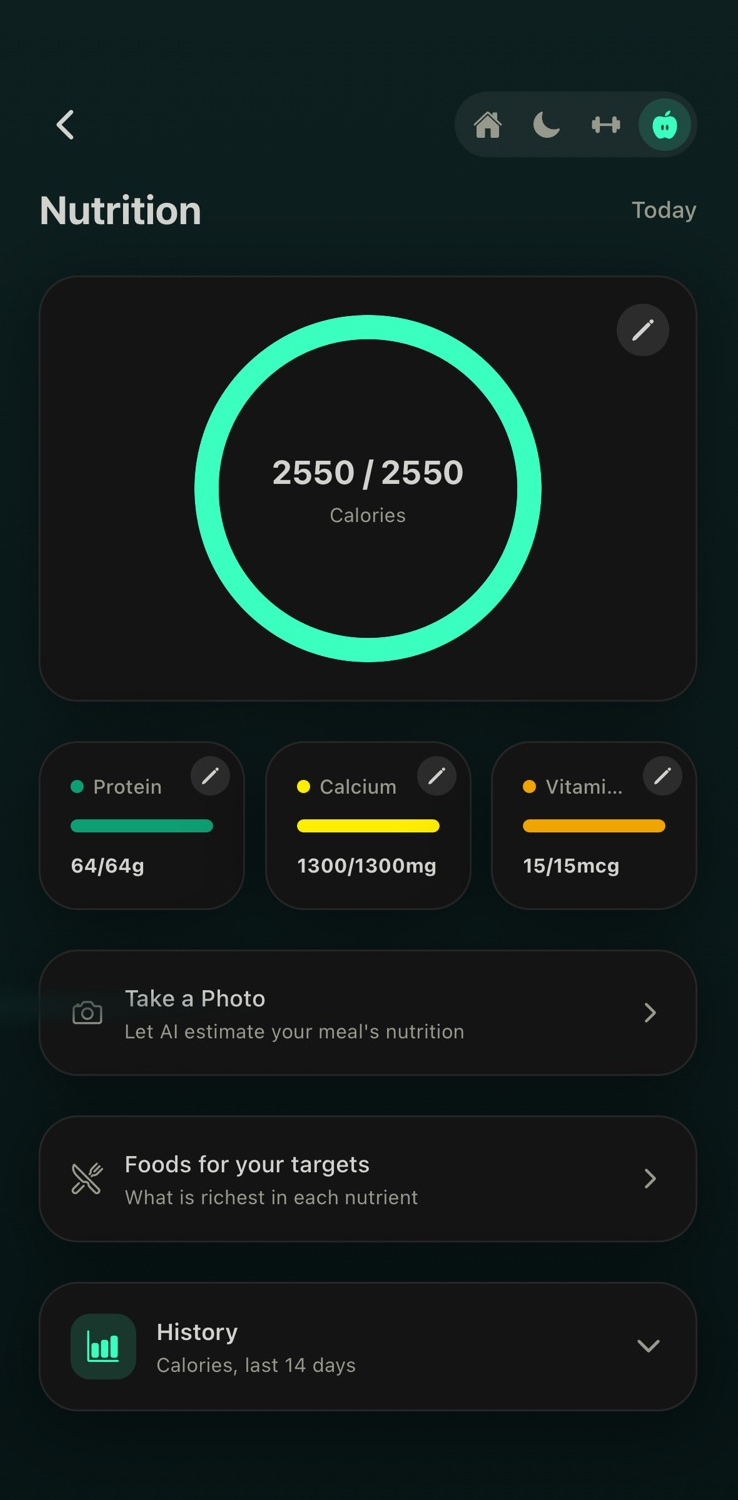 The Nutrition screen: calories at 2800 of 2800, with protein, calcium and vitamin D bars, and a photo scanner that estimates a meal.