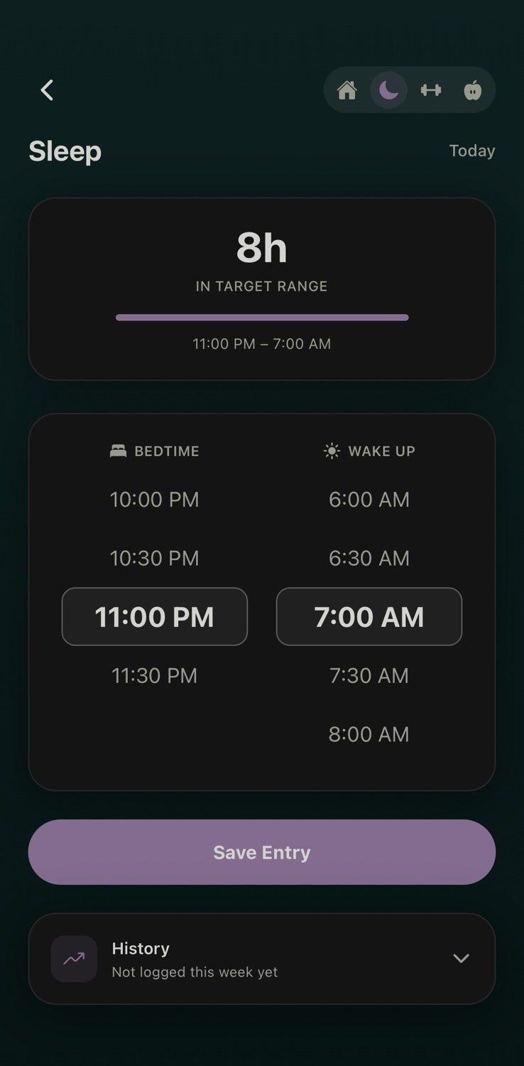 The Sleep screen: 8 hours logged, inside the target range, set with bedtime and wake-up dials at 11:00 pm and 7:00 am.